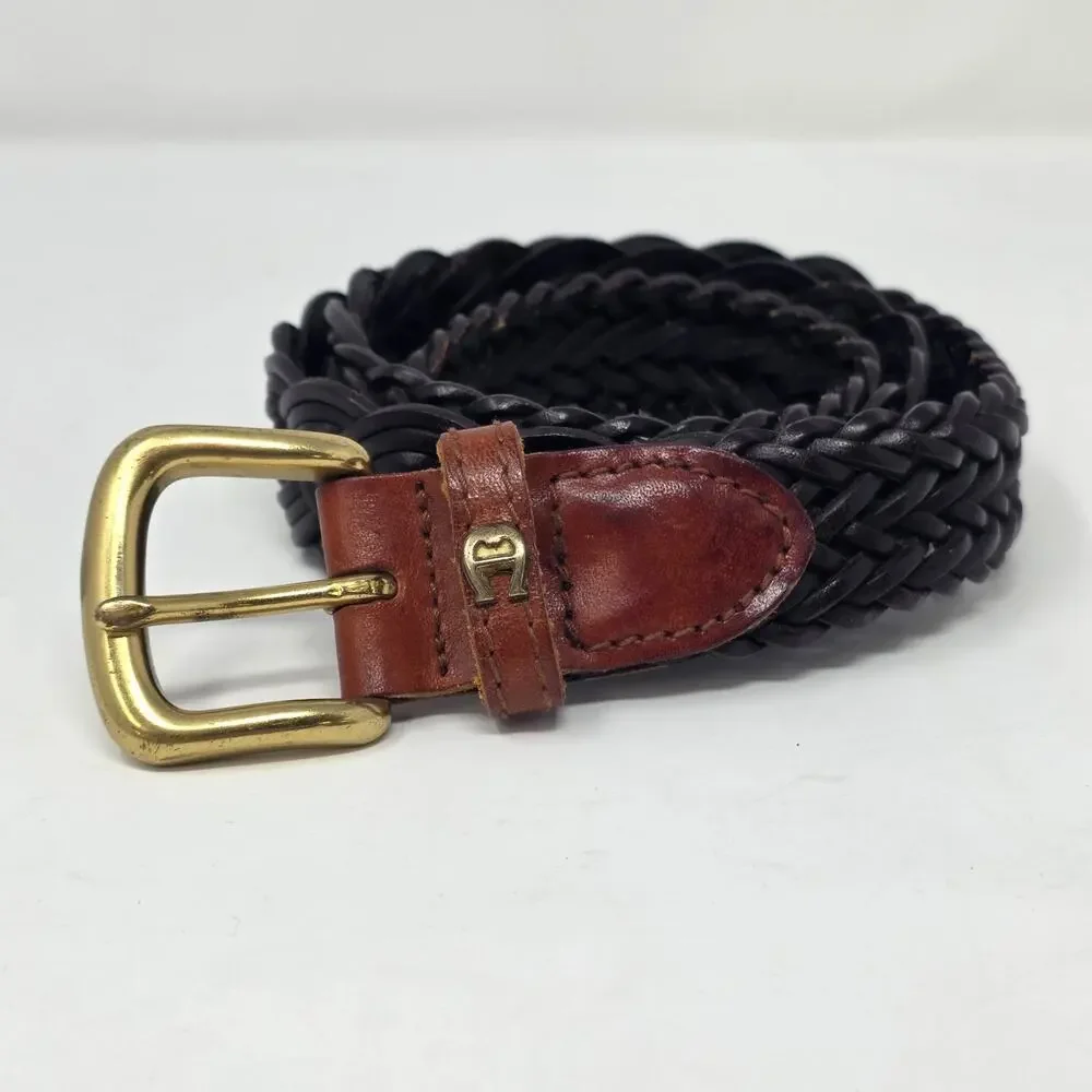 VTG Etienne Aigner Brown Woven Leather Belt Womens Medium Brass Buckle Logo